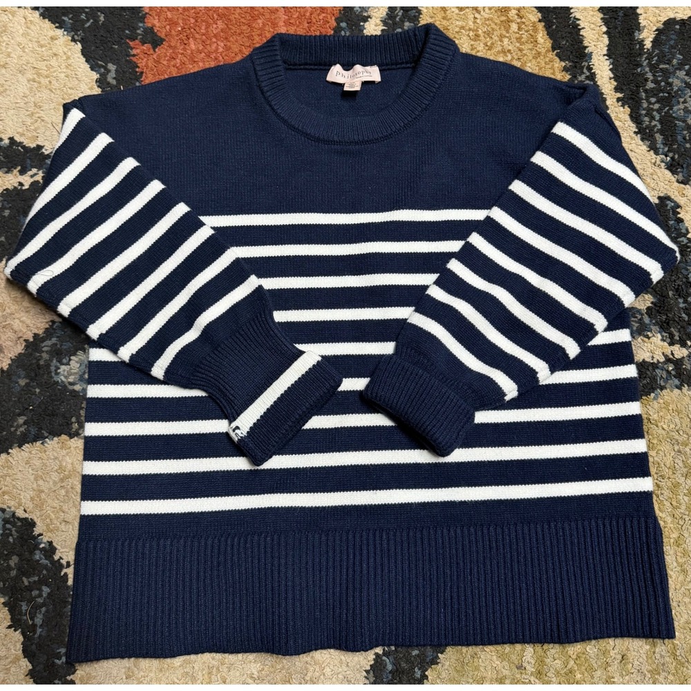 Philosophy Republic Clothing Navy Blue White Striped Knit Sweater Large Womens